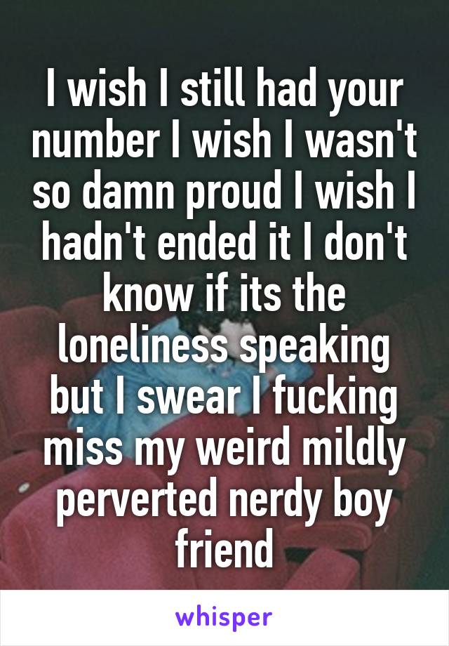 I wish I still had your number I wish I wasn't so damn proud I wish I hadn't ended it I don't know if its the loneliness speaking but I swear I fucking miss my weird mildly perverted nerdy boy friend