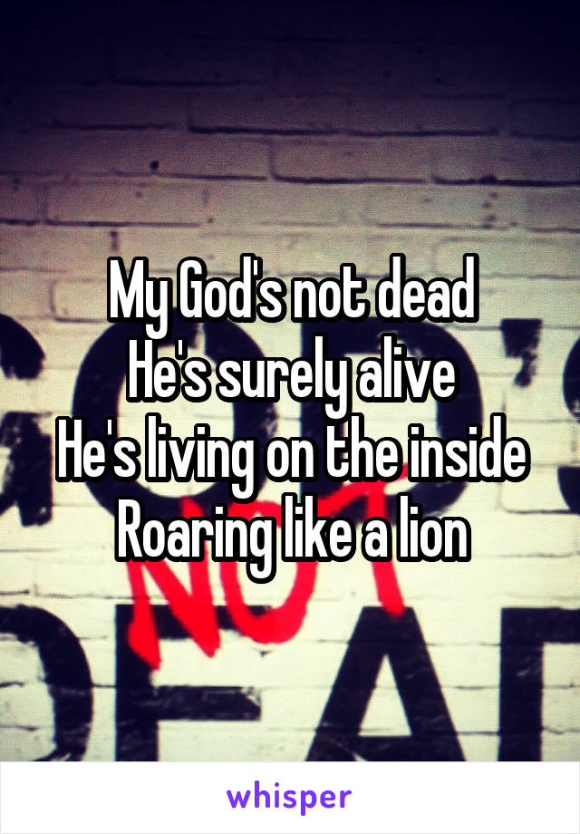 My God's not dead
He's surely alive
He's living on the inside
Roaring like a lion