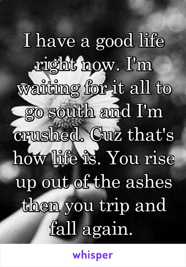 I have a good life right now. I'm waiting for it all to go south and I'm crushed. Cuz that's how life is. You rise up out of the ashes then you trip and fall again. 