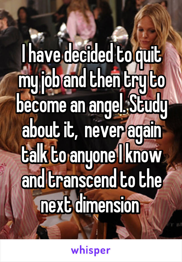 I have decided to quit my job and then try to become an angel. Study about it,  never again talk to anyone I know and transcend to the next dimension 