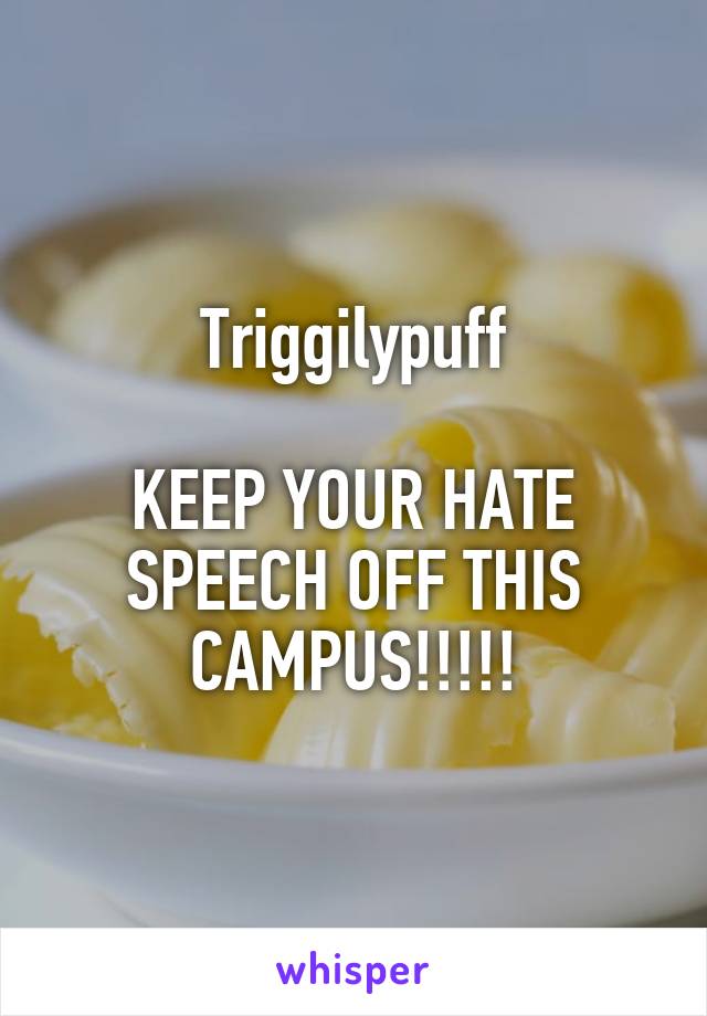 Triggilypuff

KEEP YOUR HATE SPEECH OFF THIS CAMPUS!!!!!