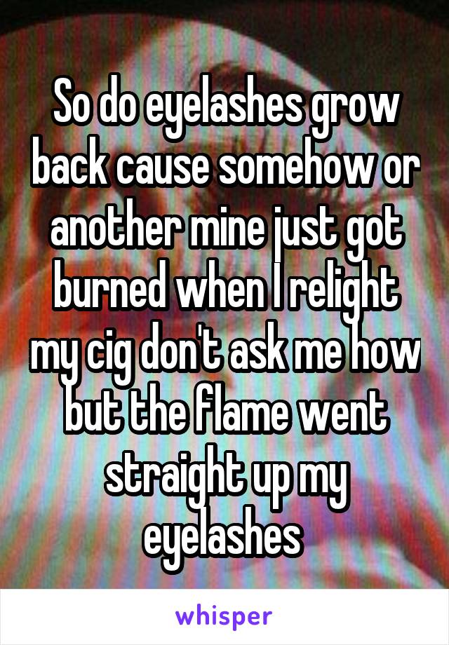 So do eyelashes grow back cause somehow or another mine just got burned when I relight my cig don't ask me how but the flame went straight up my eyelashes 