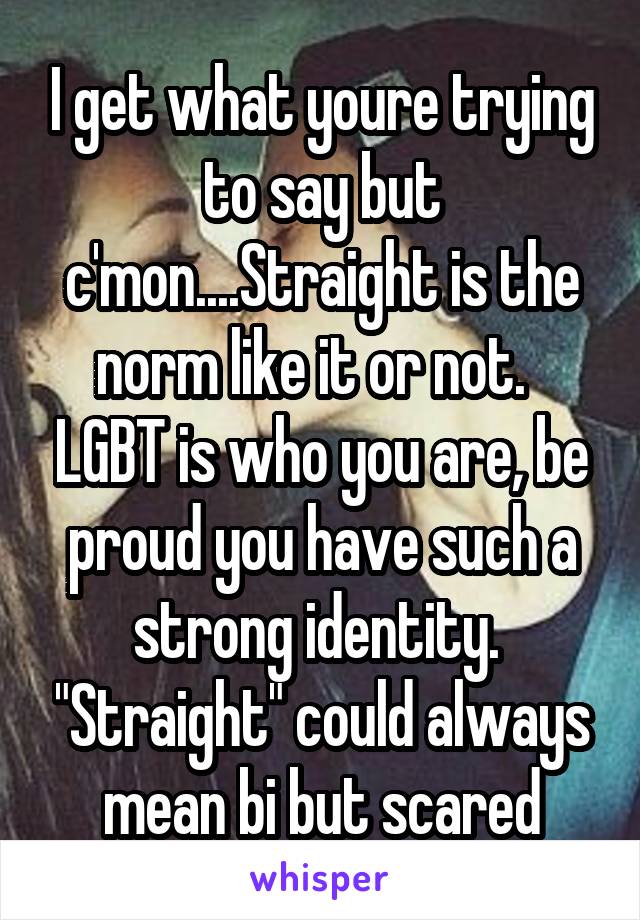 I get what youre trying to say but c'mon....Straight is the norm like it or not.   LGBT is who you are, be proud you have such a strong identity.  "Straight" could always mean bi but scared