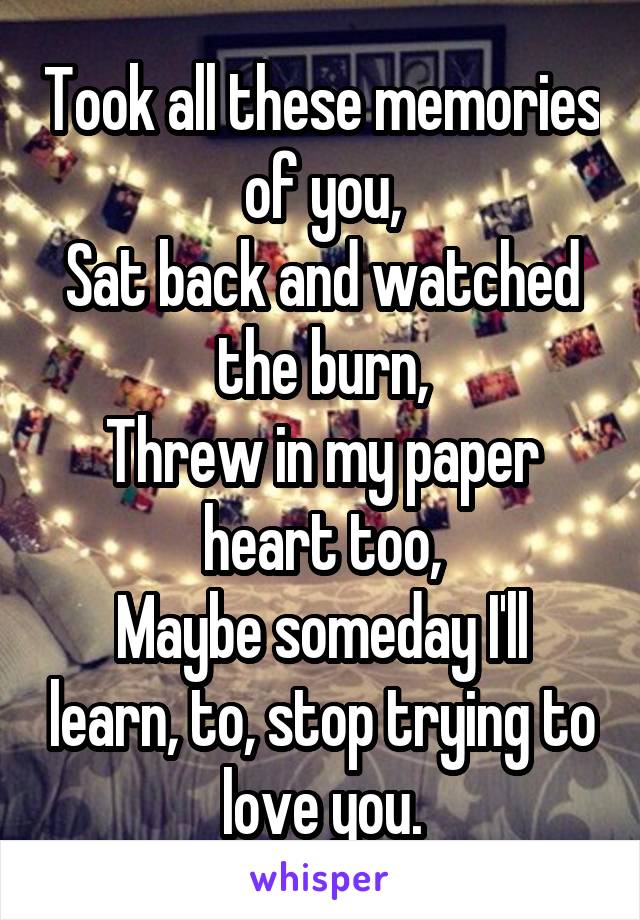 Took all these memories of you,
Sat back and watched the burn,
Threw in my paper heart too,
Maybe someday I'll learn, to, stop trying to love you.