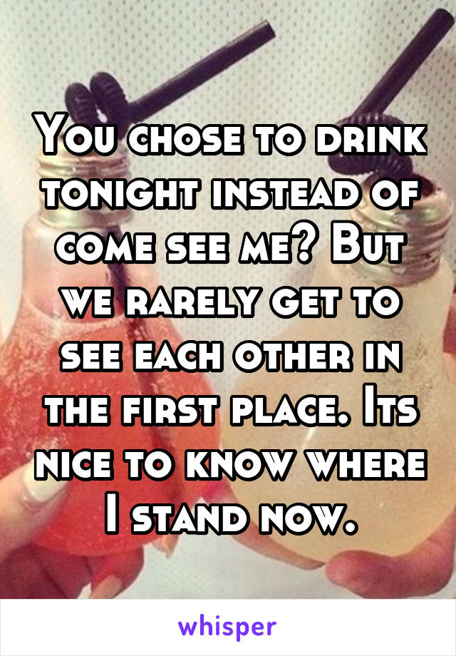 You chose to drink tonight instead of come see me? But we rarely get to see each other in the first place. Its nice to know where I stand now.