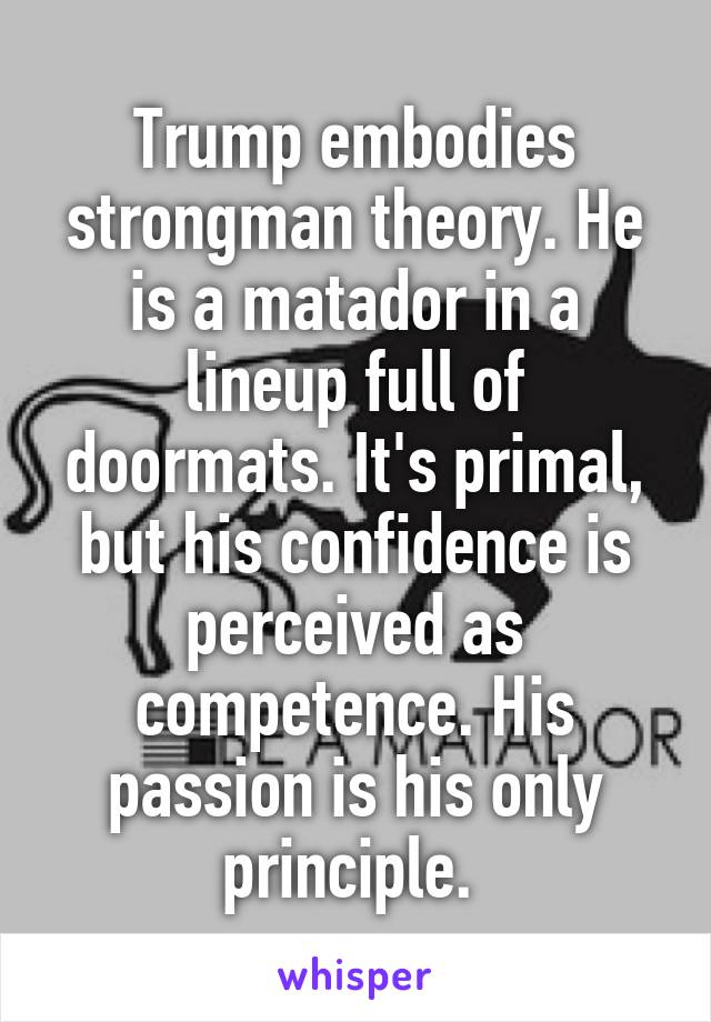 Trump embodies strongman theory. He is a matador in a lineup full of doormats. It's primal, but his confidence is perceived as competence. His passion is his only principle. 