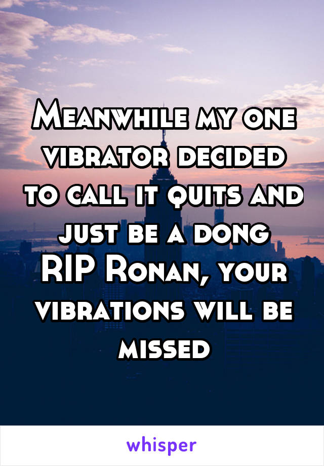 Meanwhile my one vibrator decided to call it quits and just be a dong
RIP Ronan, your vibrations will be missed