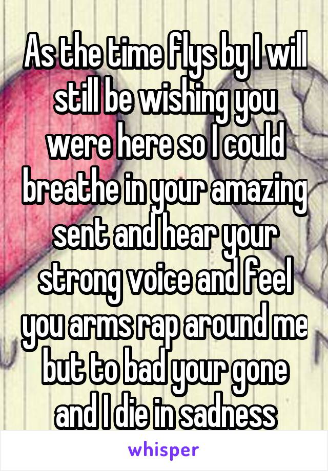 As the time flys by I will still be wishing you were here so I could breathe in your amazing sent and hear your strong voice and feel you arms rap around me but to bad your gone and I die in sadness