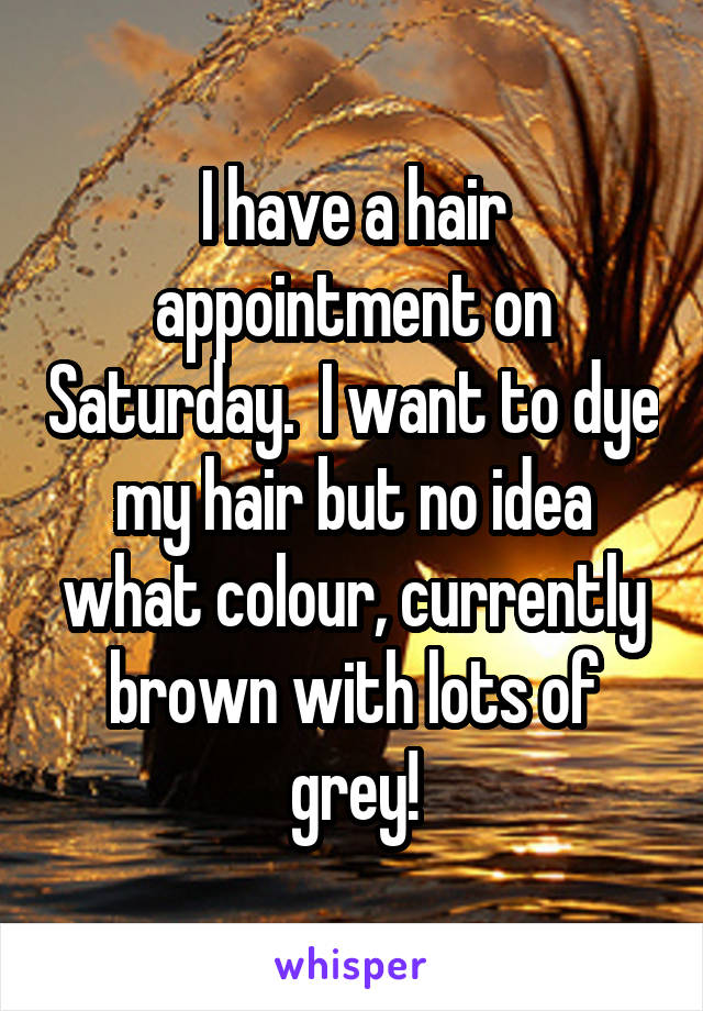 I have a hair appointment on Saturday.  I want to dye my hair but no idea what colour, currently brown with lots of grey!