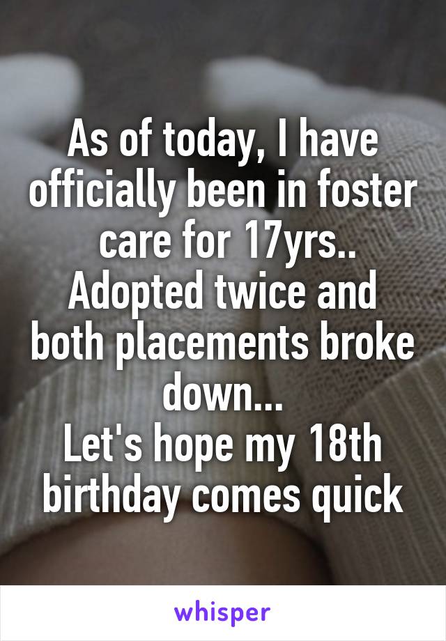 As of today, I have officially been in foster  care for 17yrs..
Adopted twice and both placements broke down...
Let's hope my 18th birthday comes quick