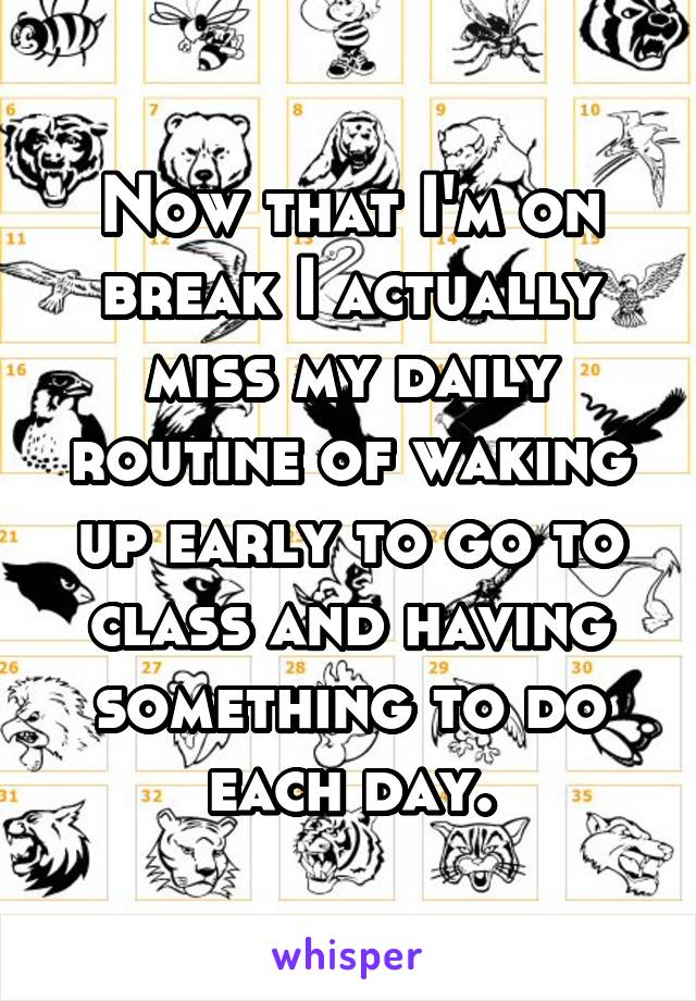 Now that I'm on break I actually miss my daily routine of waking up early to go to class and having something to do each day.