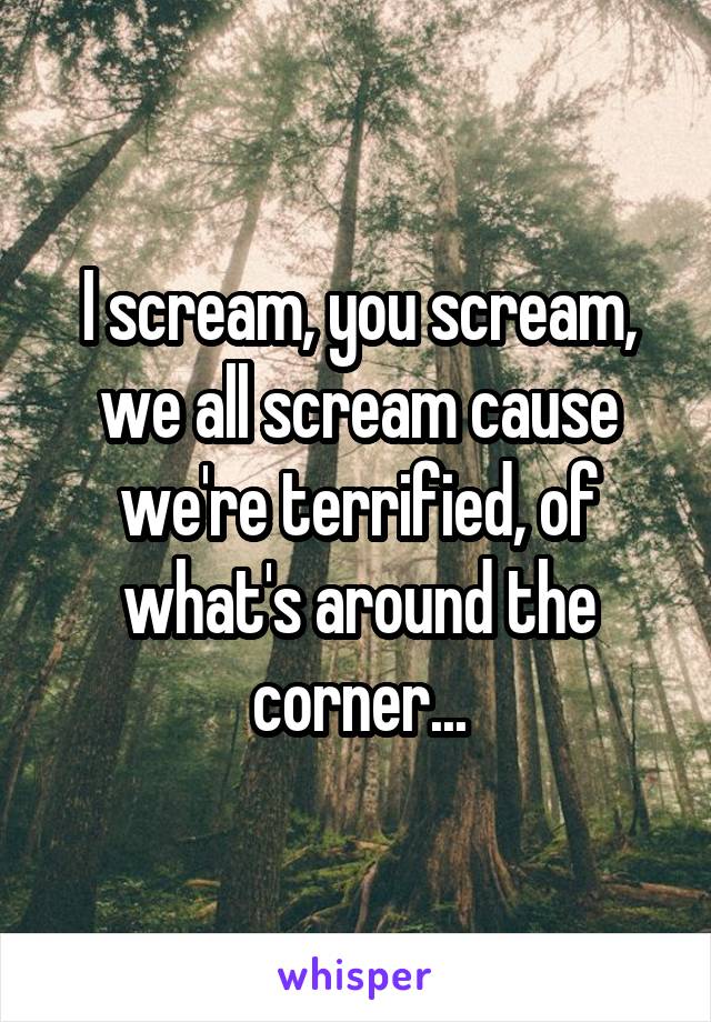 I scream, you scream, we all scream cause we're terrified, of what's around the corner...