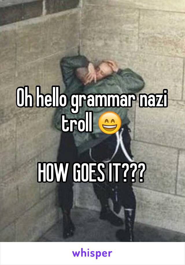 Oh hello grammar nazi troll 😄

HOW GOES IT???