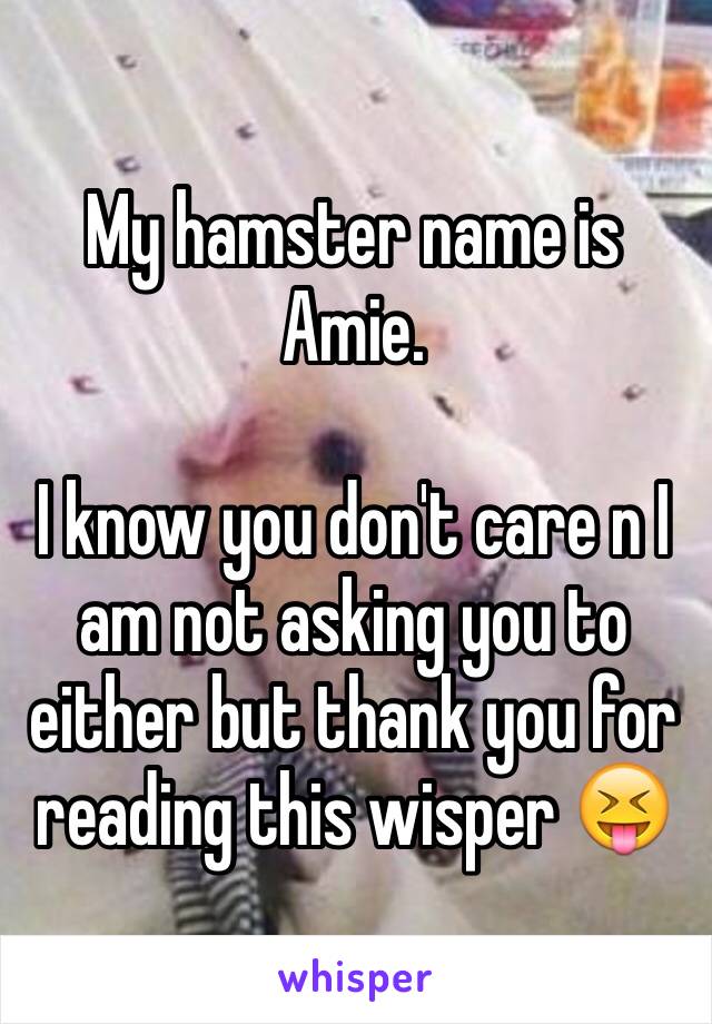 My hamster name is Amie. 

I know you don't care n I am not asking you to either but thank you for reading this wisper 😝