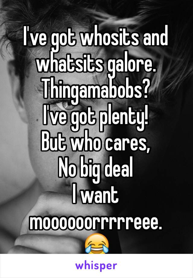 I've got whosits and whatsits galore.
Thingamabobs?
I've got plenty!
But who cares,
No big deal
I want moooooorrrrreee.
😂