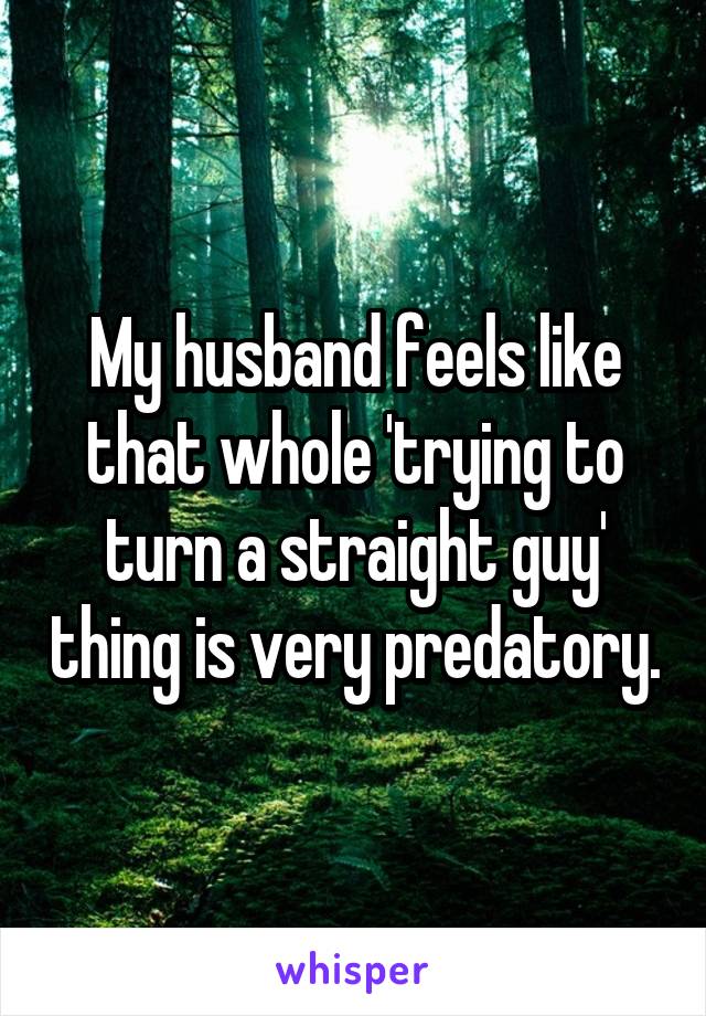 My husband feels like that whole 'trying to turn a straight guy' thing is very predatory.