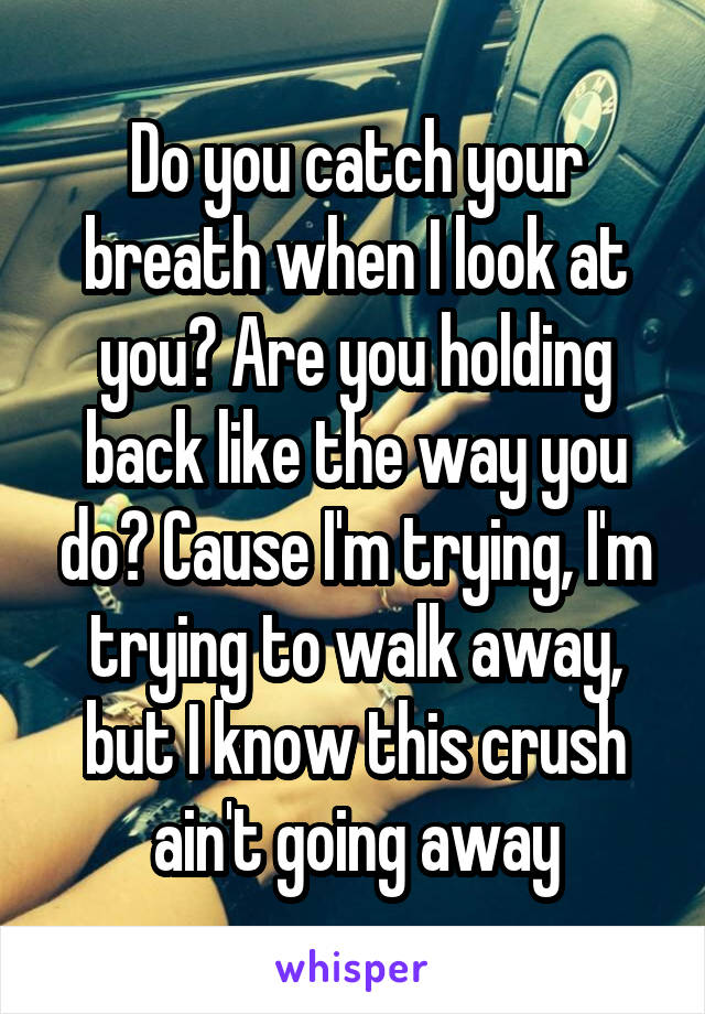 Do you catch your breath when I look at you? Are you holding back like the way you do? Cause I'm trying, I'm trying to walk away, but I know this crush ain't going away