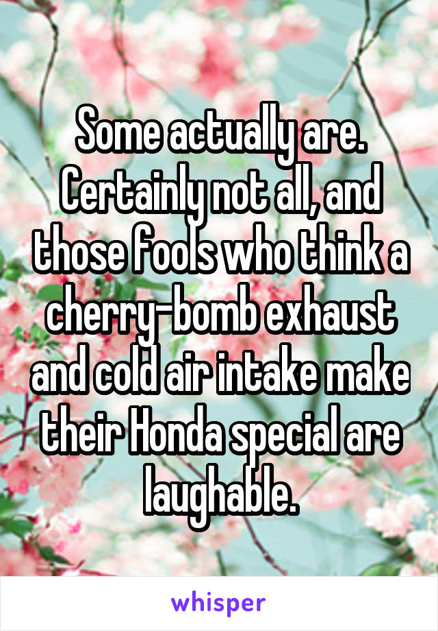 Some actually are. Certainly not all, and those fools who think a cherry-bomb exhaust and cold air intake make their Honda special are laughable.