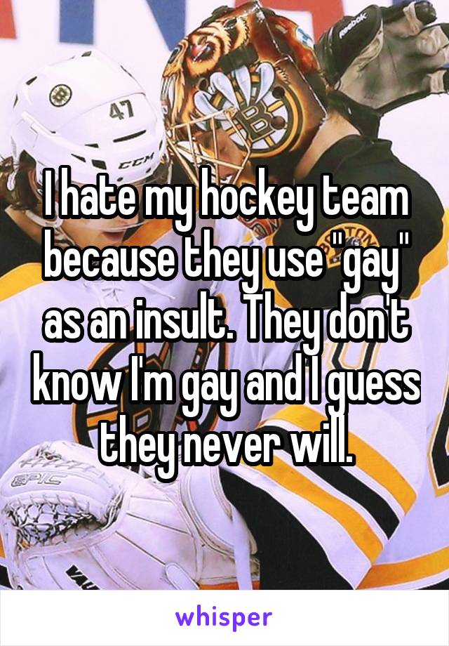 I hate my hockey team because they use "gay" as an insult. They don't know I'm gay and I guess they never will.