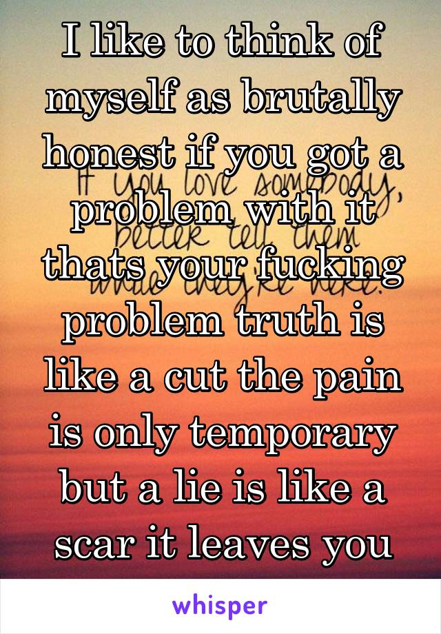 I like to think of myself as brutally honest if you got a problem with it thats your fucking problem truth is like a cut the pain is only temporary but a lie is like a scar it leaves you broken 