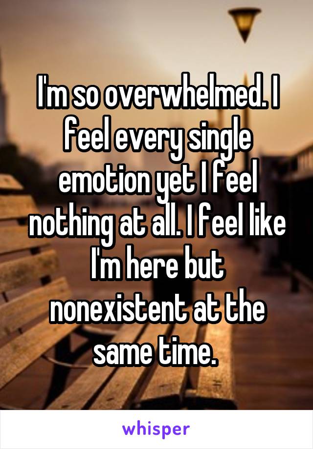 I'm so overwhelmed. I feel every single emotion yet I feel nothing at all. I feel like I'm here but nonexistent at the same time. 