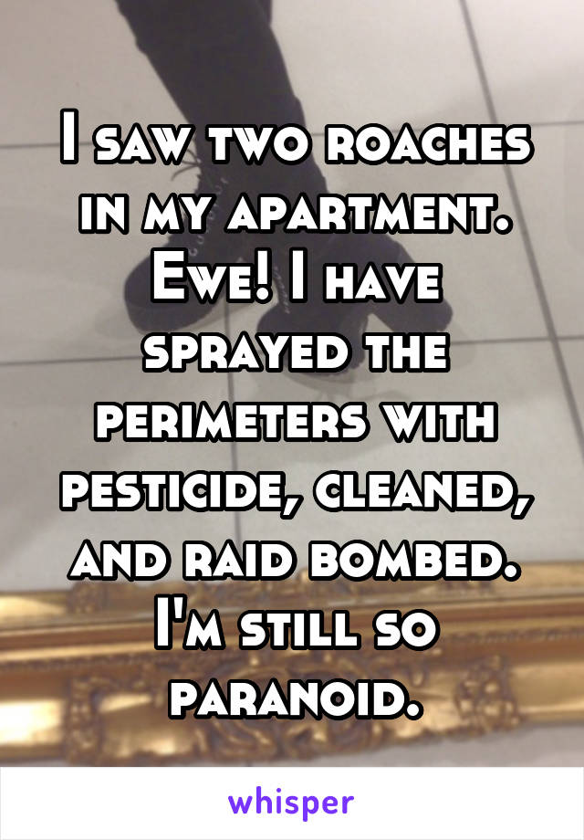 I saw two roaches in my apartment. Ewe! I have sprayed the perimeters with pesticide, cleaned, and raid bombed. I'm still so paranoid.