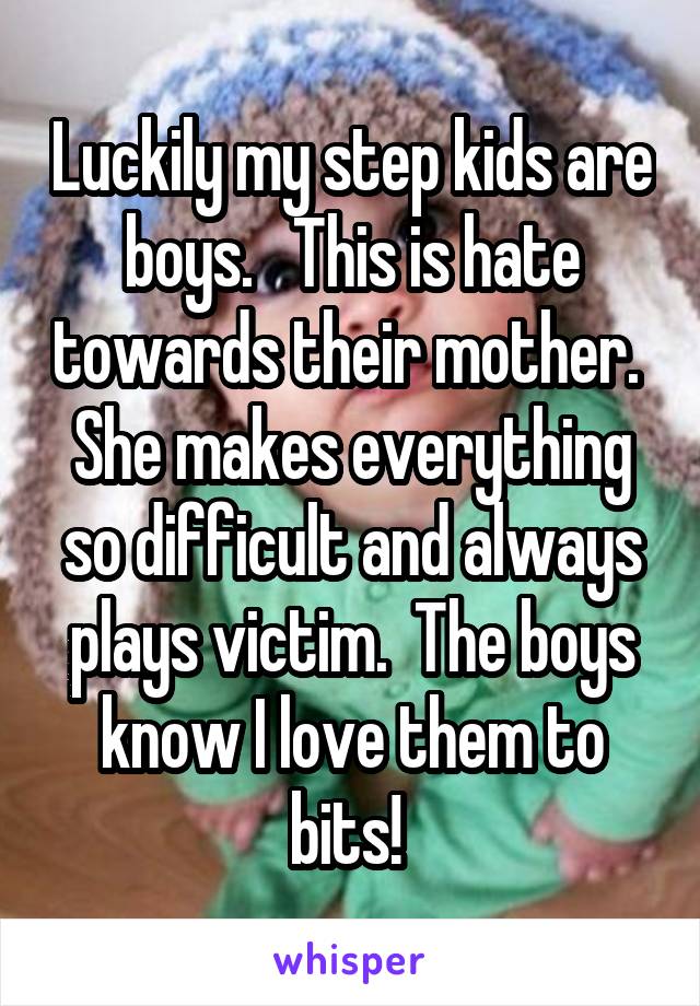 Luckily my step kids are boys.   This is hate towards their mother.  She makes everything so difficult and always plays victim.  The boys know I love them to bits! 