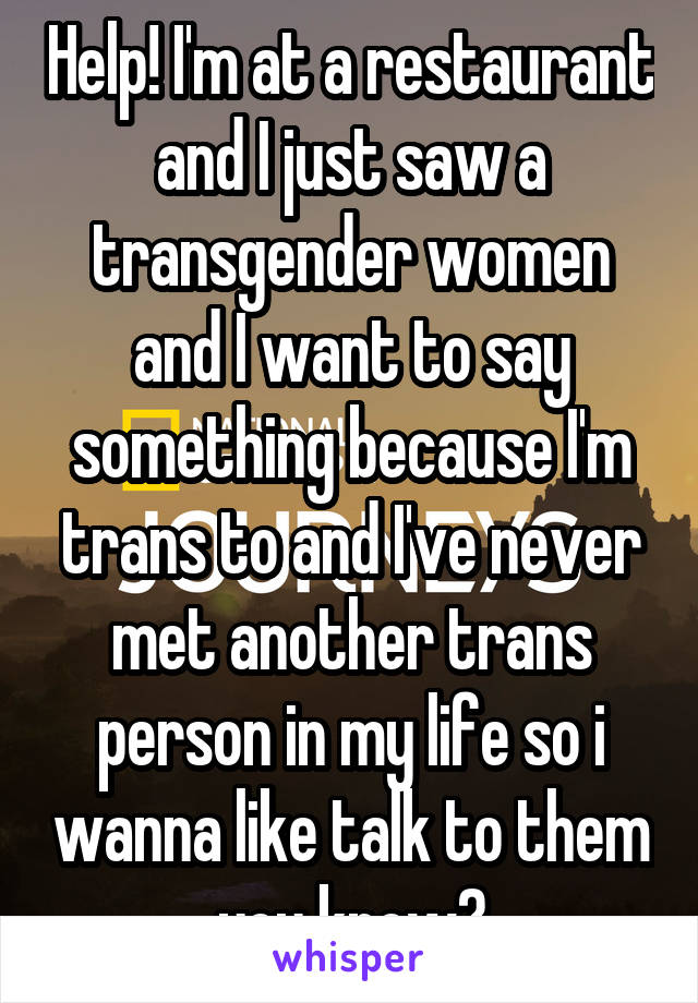 Help! I'm at a restaurant and I just saw a transgender women and I want to say something because I'm trans to and I've never met another trans person in my life so i wanna like talk to them you know?