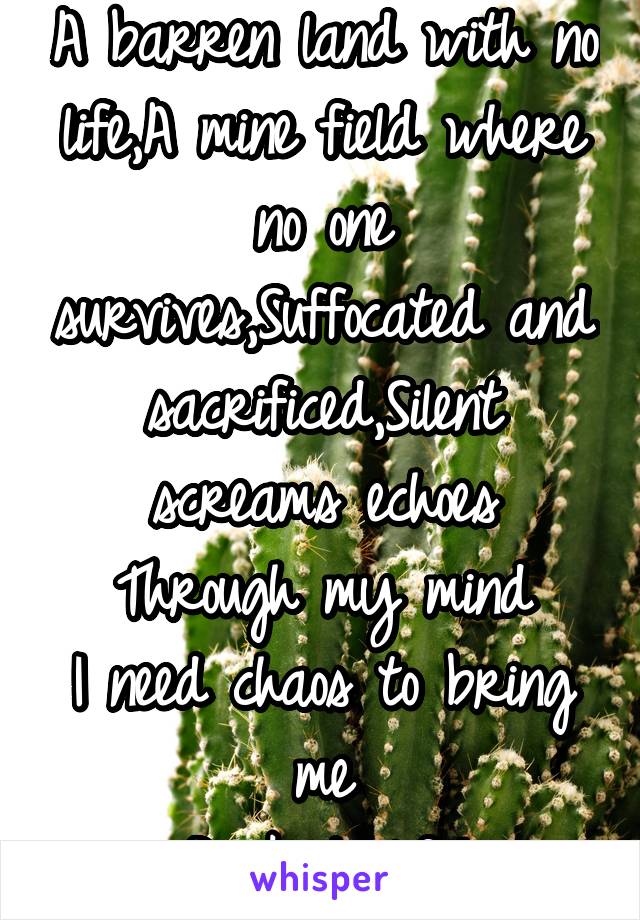 A barren land with no life,A mine field where no one survives,Suffocated and sacrificed,Silent screams echoes
Through my mind
I need chaos to bring me
Back to life!