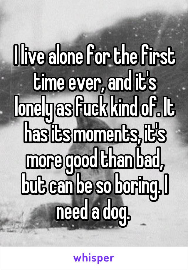 I live alone for the first time ever, and it's lonely as fuck kind of. It has its moments, it's more good than bad, but can be so boring. I need a dog. 