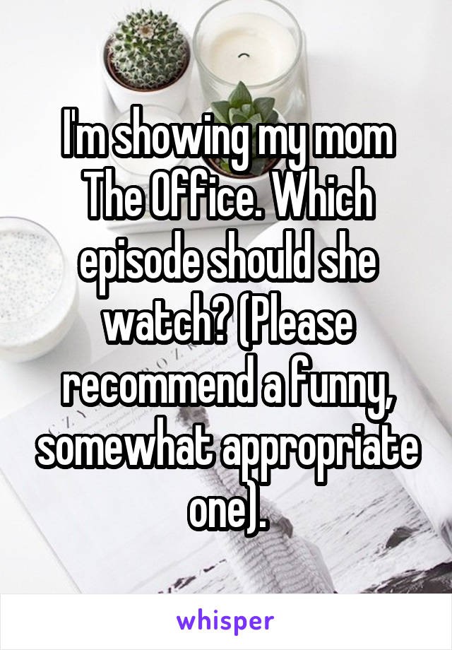 I'm showing my mom The Office. Which episode should she watch? (Please recommend a funny, somewhat appropriate one).