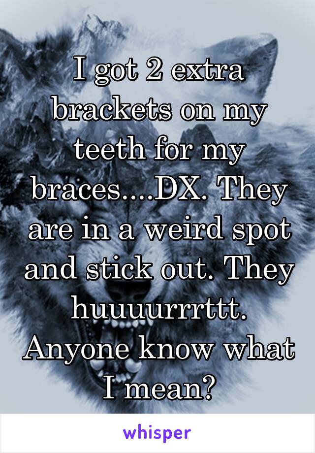 I got 2 extra brackets on my teeth for my braces....DX. They are in a weird spot and stick out. They huuuurrrttt. Anyone know what I mean?