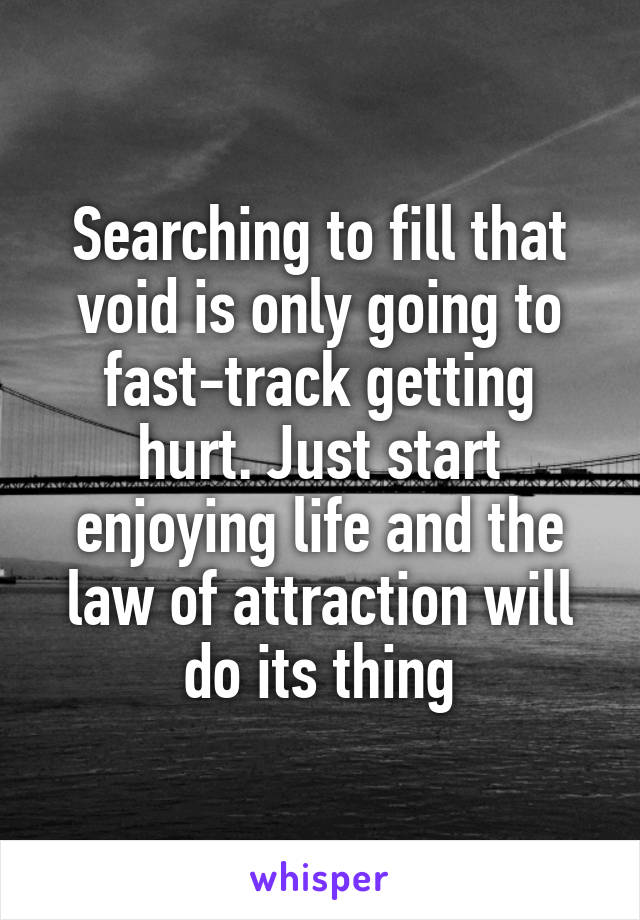 Searching to fill that void is only going to fast-track getting hurt. Just start enjoying life and the law of attraction will do its thing