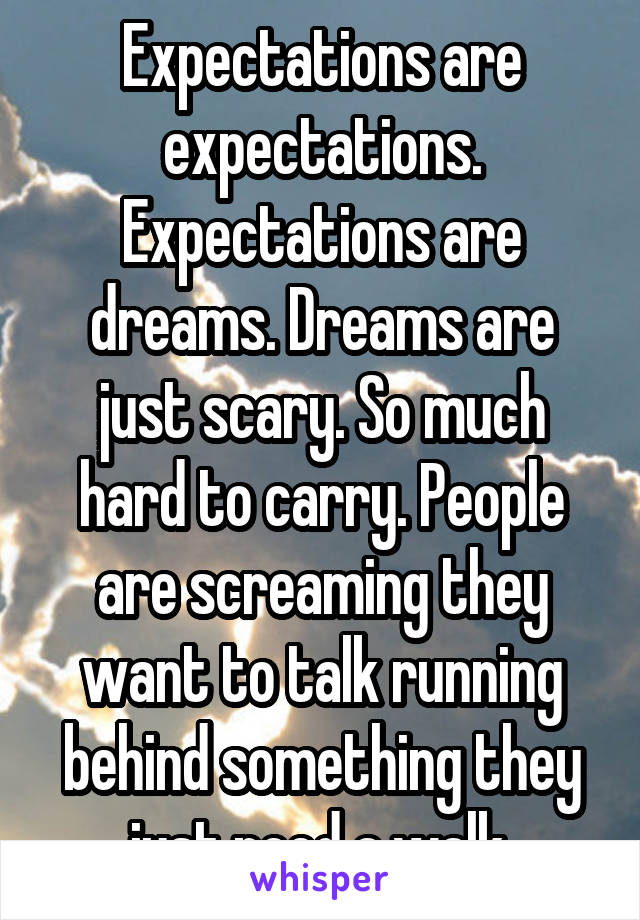 Expectations are expectations. Expectations are dreams. Dreams are just scary. So much hard to carry. People are screaming they want to talk running behind something they just need a walk.