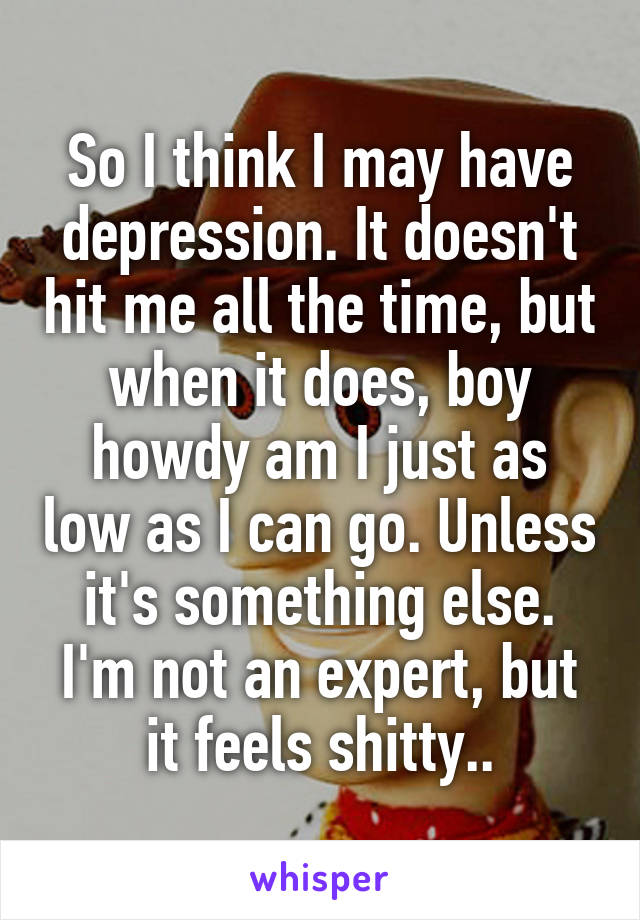 So I think I may have depression. It doesn't hit me all the time, but when it does, boy howdy am I just as low as I can go. Unless it's something else. I'm not an expert, but it feels shitty..