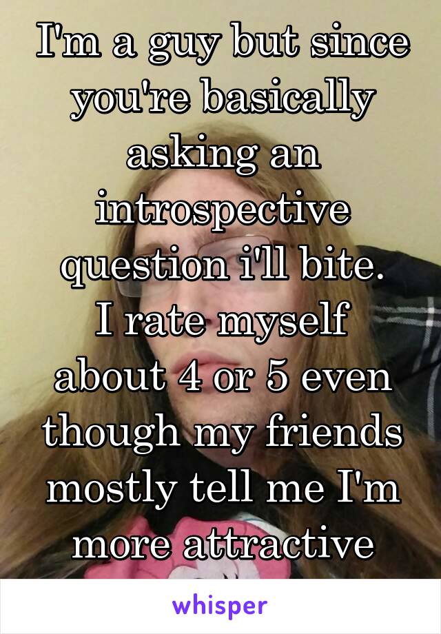 I'm a guy but since you're basically asking an introspective question i'll bite.
I rate myself about 4 or 5 even though my friends mostly tell me I'm more attractive than that.