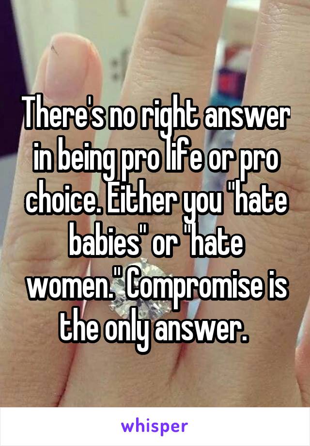 There's no right answer in being pro life or pro choice. Either you "hate babies" or "hate women." Compromise is the only answer. 