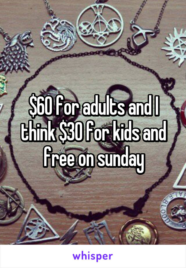 $60 for adults and I think $30 for kids and free on sunday