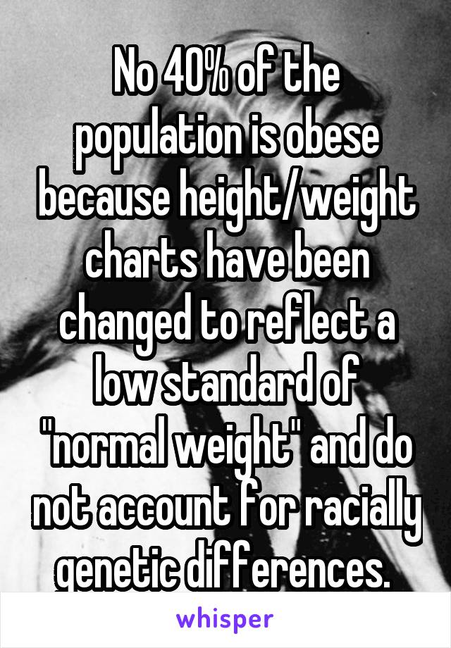 No 40% of the population is obese because height/weight charts have been changed to reflect a low standard of "normal weight" and do not account for racially genetic differences. 