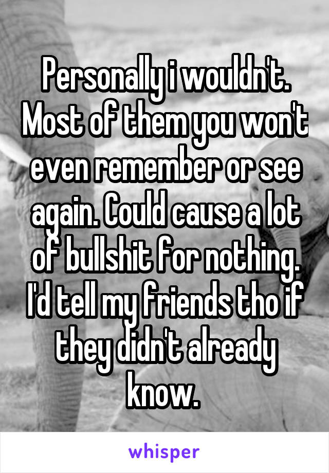 Personally i wouldn't. Most of them you won't even remember or see again. Could cause a lot of bullshit for nothing. I'd tell my friends tho if they didn't already know. 