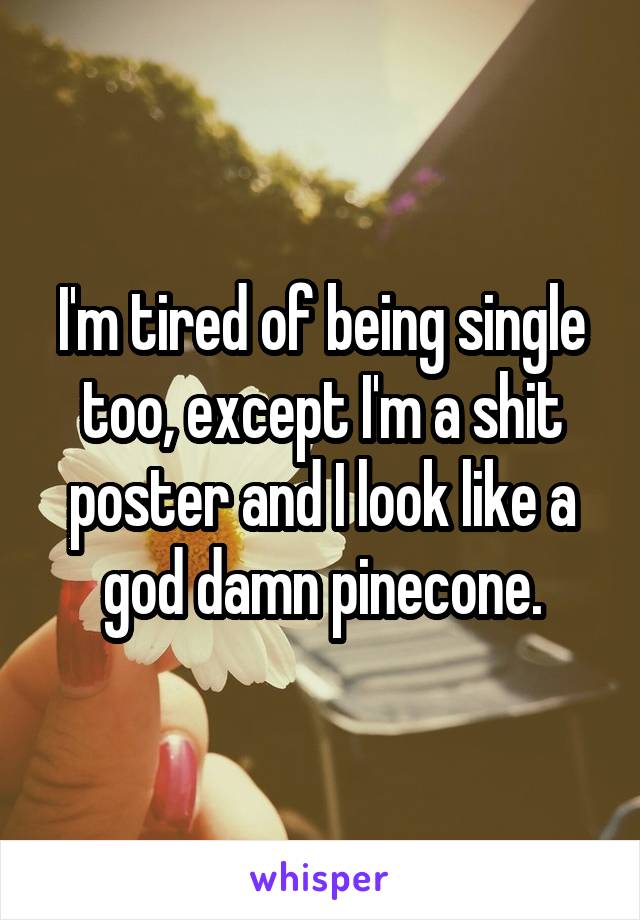 I'm tired of being single too, except I'm a shit poster and I look like a god damn pinecone.