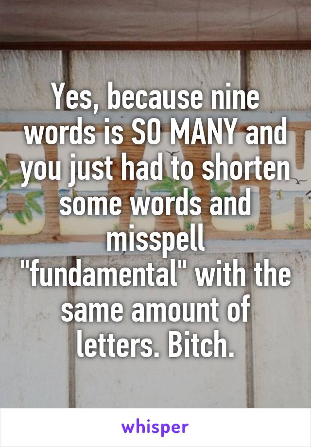 Yes, because nine words is SO MANY and you just had to shorten some words and misspell "fundamental" with the same amount of letters. Bitch.