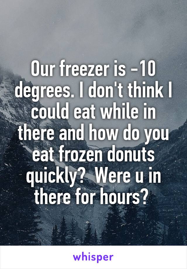 Our freezer is -10 degrees. I don't think I could eat while in there and how do you eat frozen donuts quickly?  Were u in there for hours? 