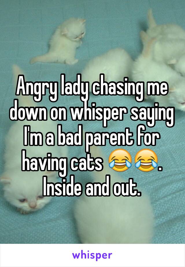 Angry lady chasing me down on whisper saying I'm a bad parent for having cats 😂😂. Inside and out.