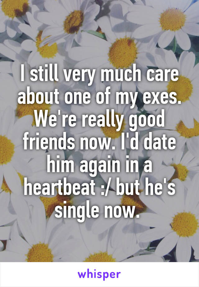 I still very much care about one of my exes. We're really good friends now. I'd date him again in a heartbeat :/ but he's single now. 