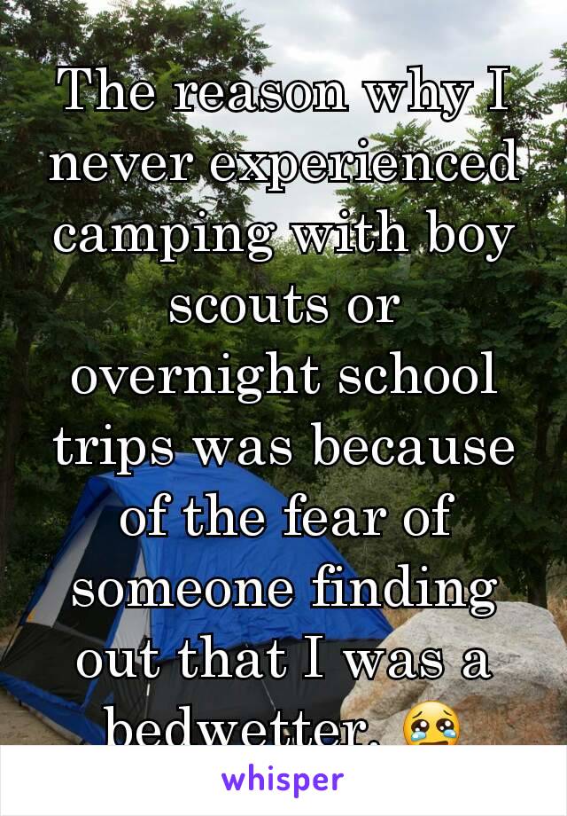 The reason why I never experienced camping with boy scouts or overnight school trips was because of the fear of someone finding out that I was a bedwetter. 😢