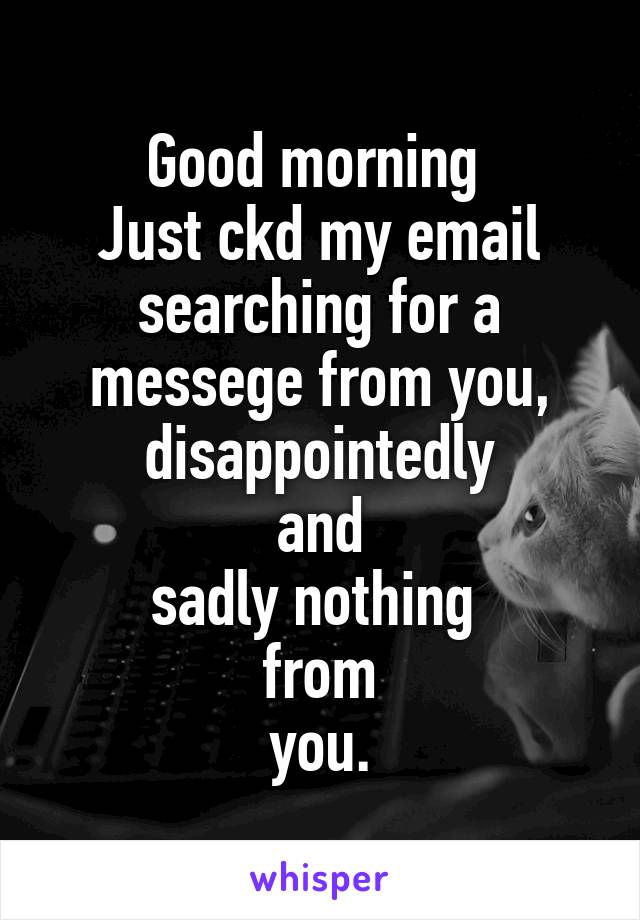 Good morning 
Just ckd my email searching for a messege from you, disappointedly
 and 
sadly nothing 
from
 you. 