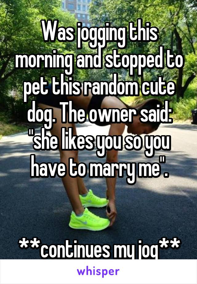 Was jogging this morning and stopped to pet this random cute dog. The owner said: "she likes you so you have to marry me".


**continues my jog**