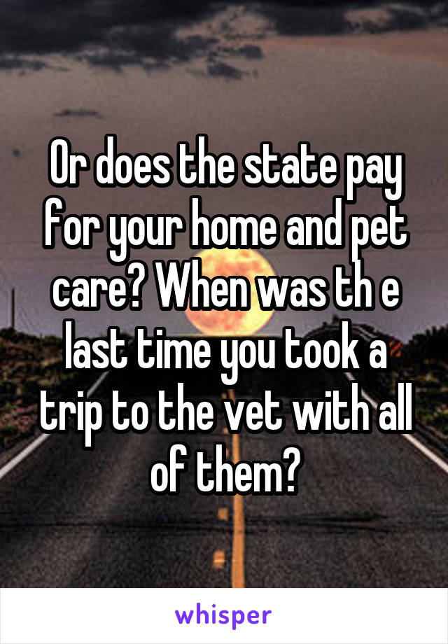 Or does the state pay for your home and pet care? When was th e last time you took a trip to the vet with all of them?