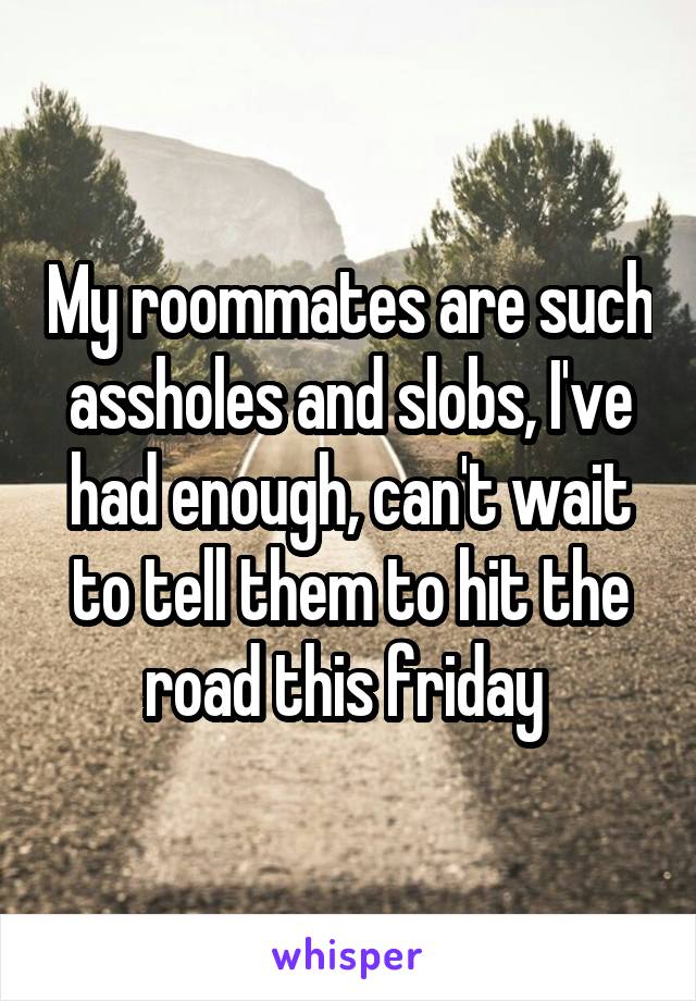 My roommates are such assholes and slobs, I've had enough, can't wait to tell them to hit the road this friday 